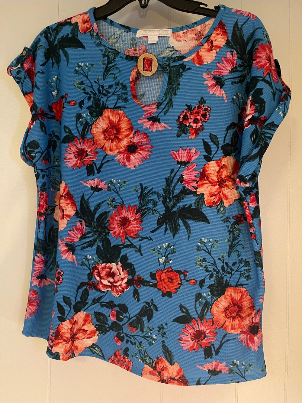 Blue Floral Keyhole Blouse with Pink-Orange Blooms